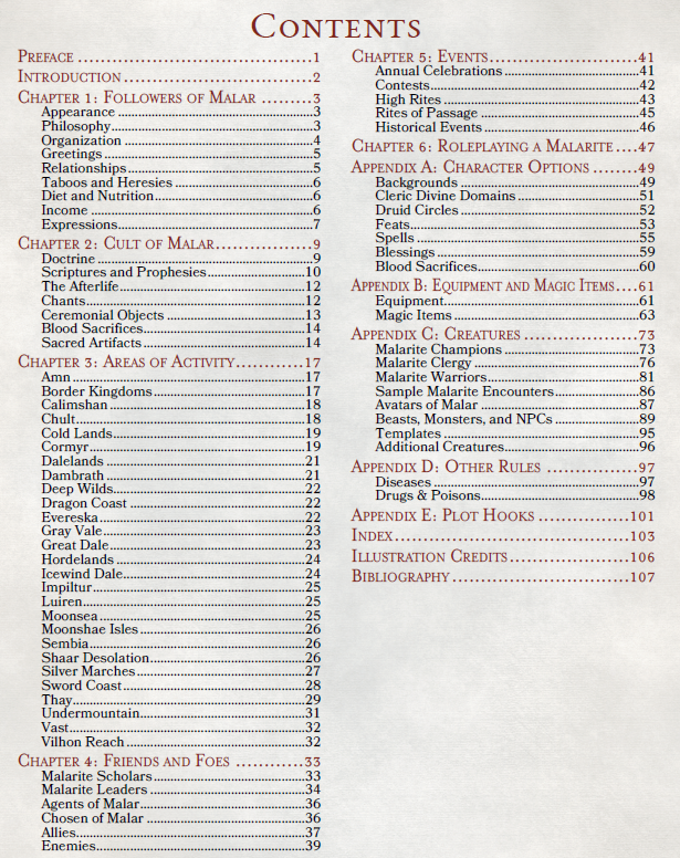 Malar: The Beastlord Compendium Table of Contents